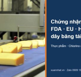 Dây băng tải thực phẩm Chiorino màu xanh chở phô mai, kèm chữ chứng nhận FDA, EU, HACCP