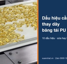 Dây băng tải PU Chiorino màu trắng có biên chắn, kèm chữ dấu hiệu cần thay dây băng tải PU