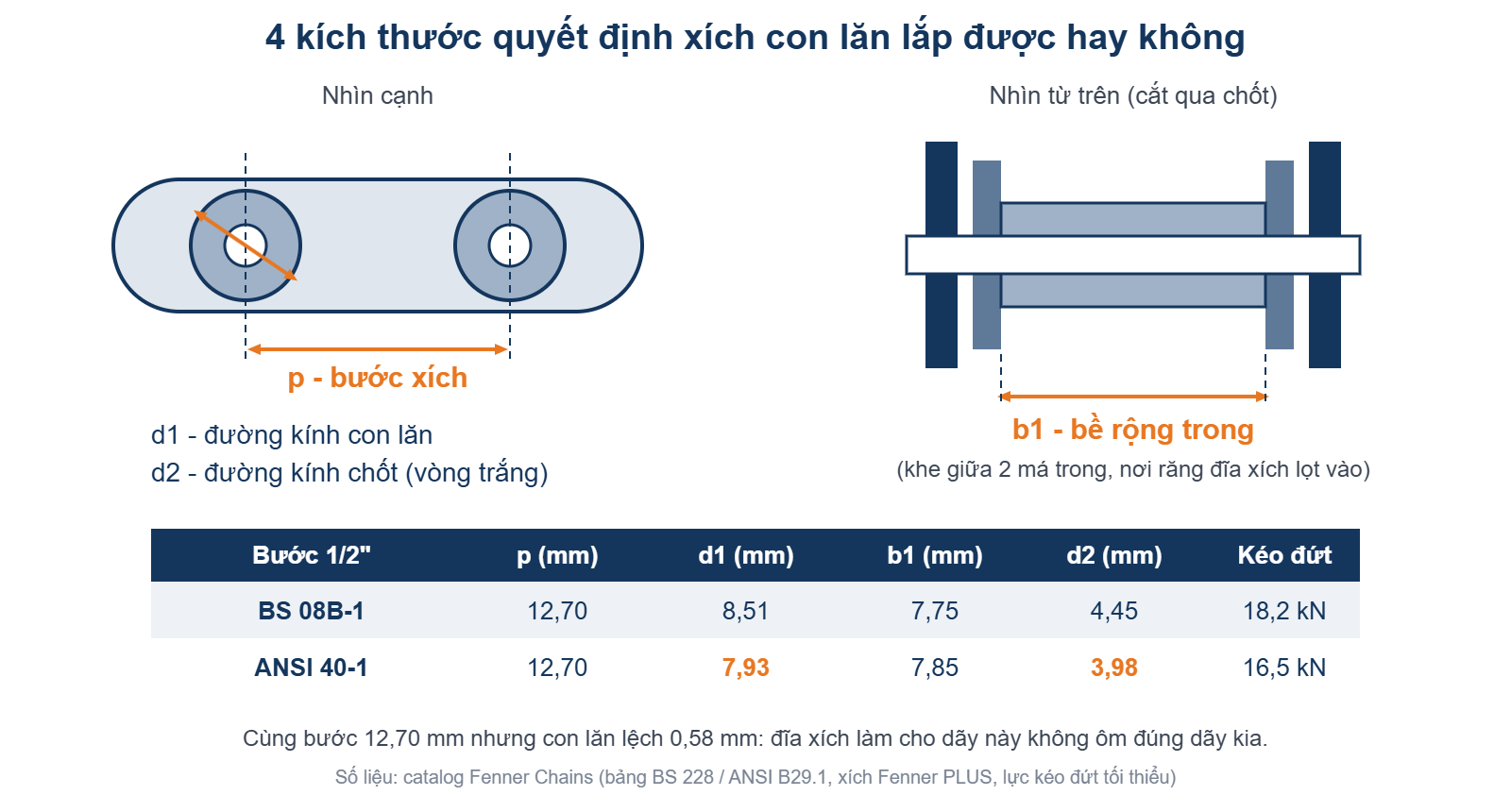Sơ đồ bước xích, đường kính con lăn, bề rộng trong và chốt của xích 08B và ANSI 40