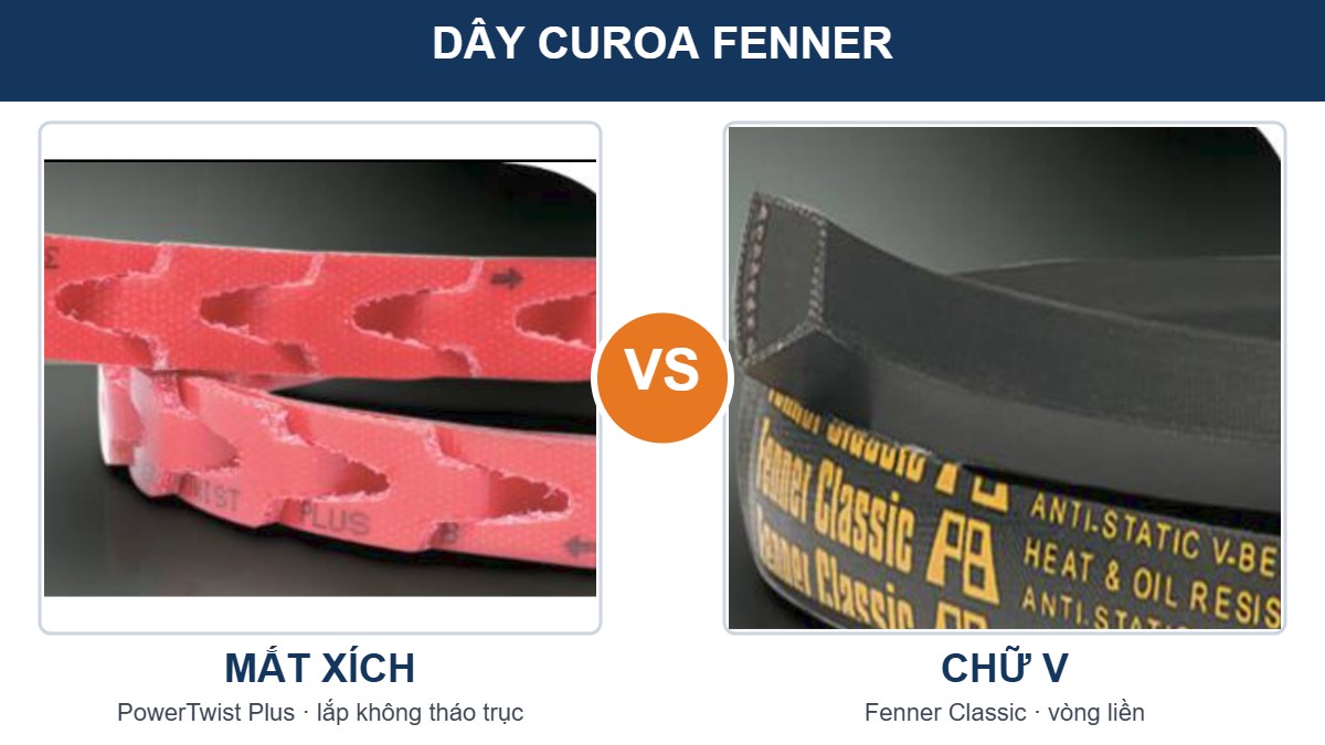 Dây curoa mắt xích Fenner PowerTwist Plus và curoa chữ V Fenner đặt cạnh nhau