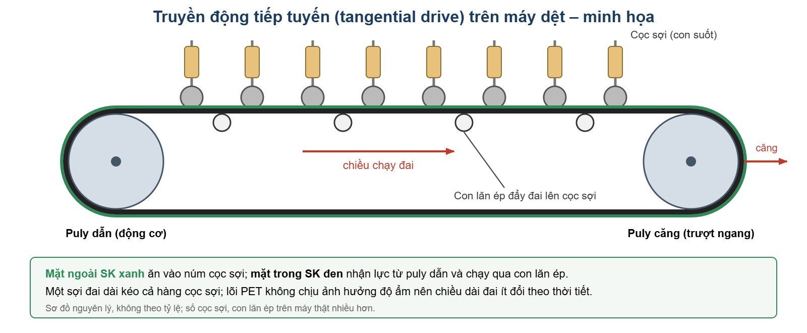 Sơ đồ truyền động tiếp tuyến máy dệt: một đai dẹt dài ép lên hàng cọc sợi