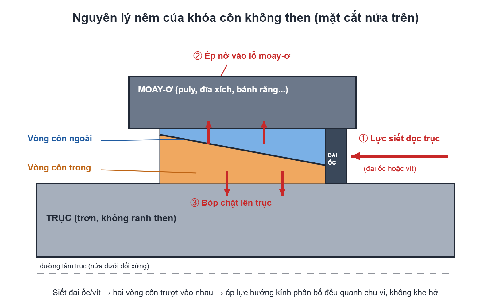 Sơ đồ mặt cắt nguyên lý nêm của khóa côn không then